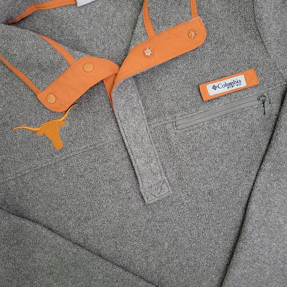 Columbia PFG Texas Longhorns Pullover Mens Small Gray Orange Fleece 1/4 Snap - Picture 5 of 8